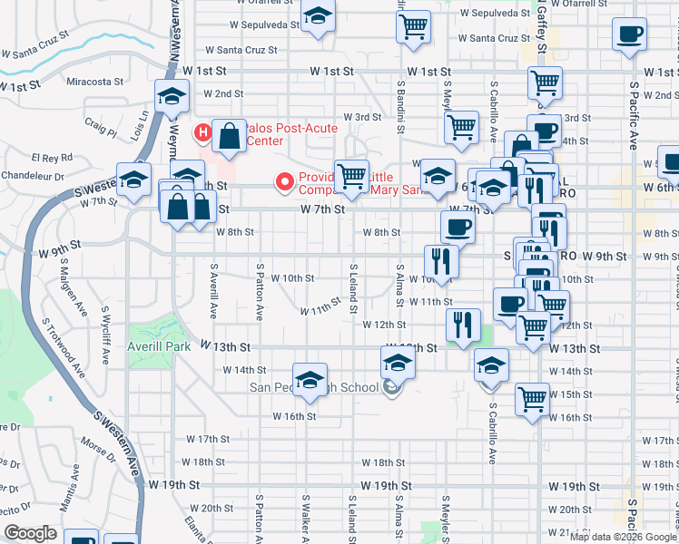 map of restaurants, bars, coffee shops, grocery stores, and more near 1122 West 10th Street in Los Angeles