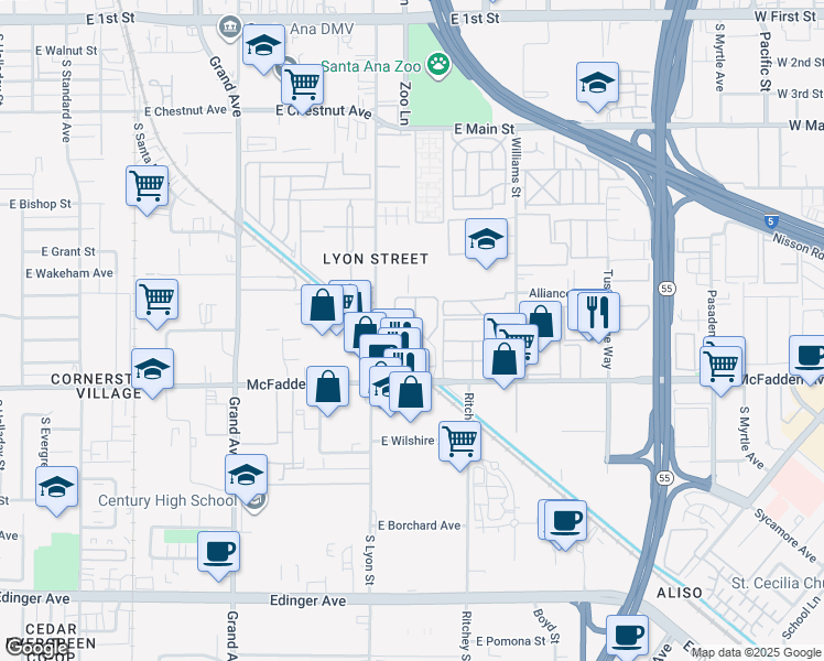 map of restaurants, bars, coffee shops, grocery stores, and more near in Santa Ana