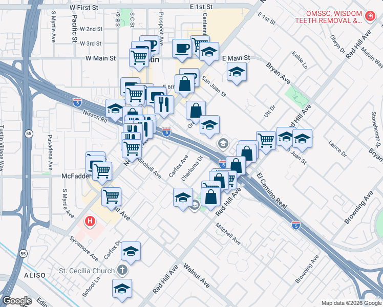map of restaurants, bars, coffee shops, grocery stores, and more near 14102 Carfax Avenue in Tustin