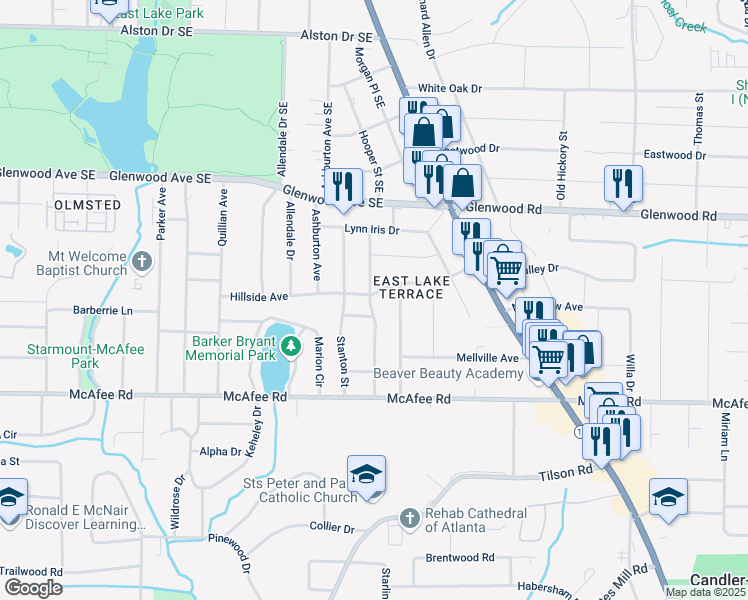 map of restaurants, bars, coffee shops, grocery stores, and more near 2413 Hillside Avenue in Decatur