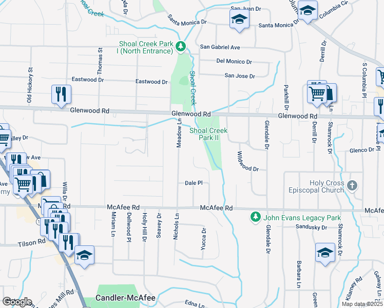map of restaurants, bars, coffee shops, grocery stores, and more near 1875 Creekside Court in Decatur