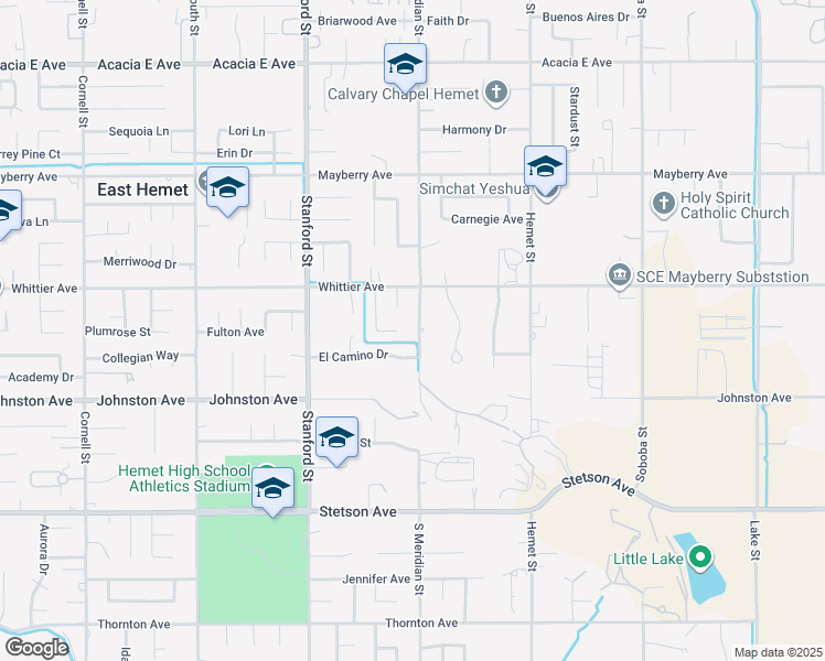 map of restaurants, bars, coffee shops, grocery stores, and more near 26597 Meridian Street in Hemet