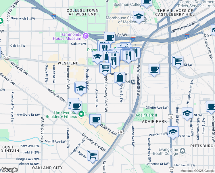 map of restaurants, bars, coffee shops, grocery stores, and more near 716 Joseph E Lowery Boulevard Southwest in Atlanta
