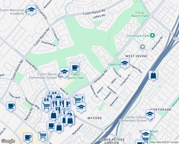map of restaurants, bars, coffee shops, grocery stores, and more near 2913 Ballesteros Lane in Tustin