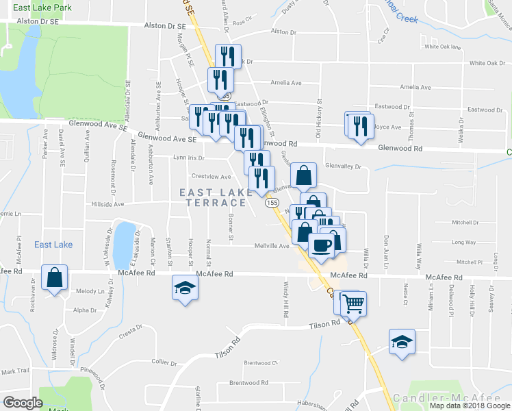 map of restaurants, bars, coffee shops, grocery stores, and more near 1916 Cannon Street in Decatur