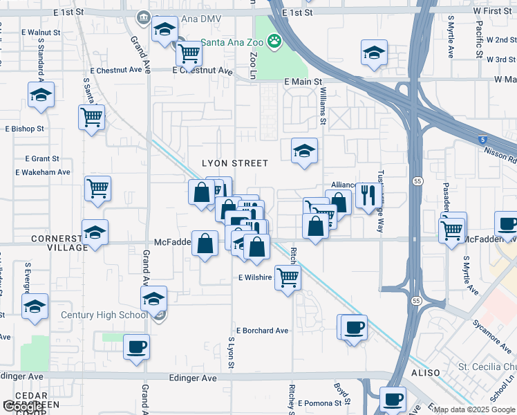 map of restaurants, bars, coffee shops, grocery stores, and more near 1104 South Mantle Lane in Santa Ana