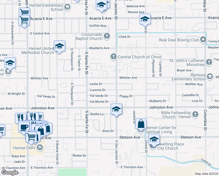 map of restaurants, bars, coffee shops, grocery stores, and more near 1253 Lucerne Drive in Hemet