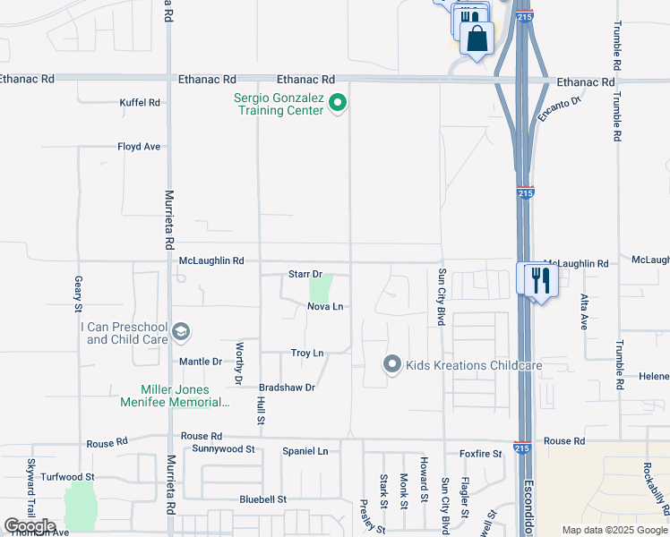 map of restaurants, bars, coffee shops, grocery stores, and more near 26553 Evans Road in Menifee