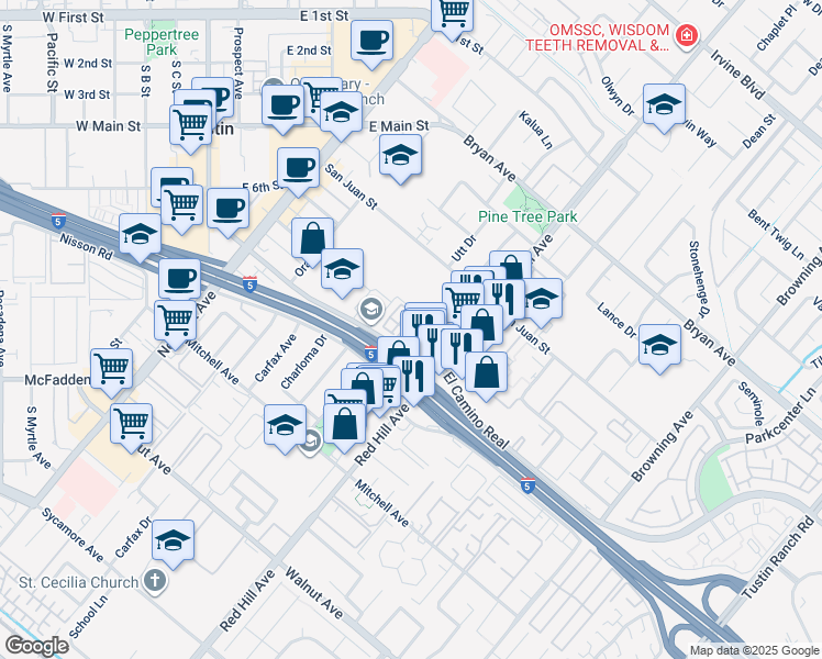 map of restaurants, bars, coffee shops, grocery stores, and more near 1361 El Camino Real in Tustin