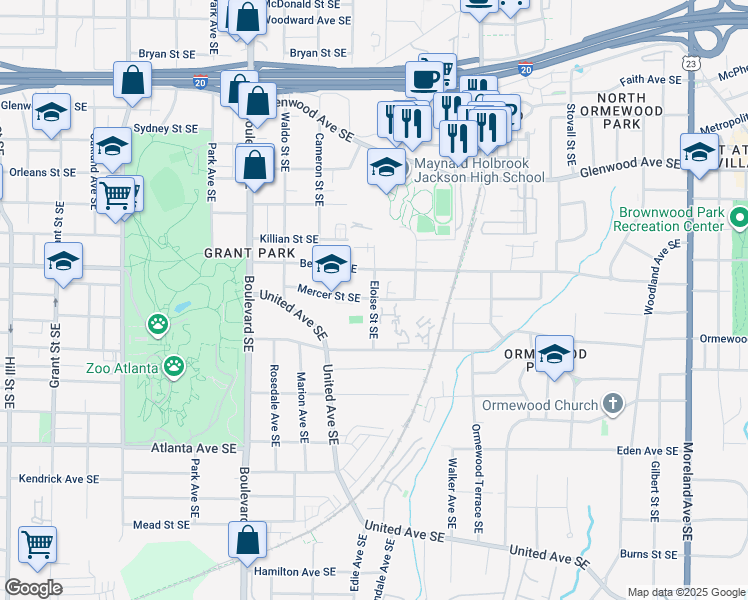 map of restaurants, bars, coffee shops, grocery stores, and more near Eloise Street Southeast in Atlanta