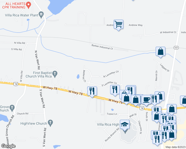 map of restaurants, bars, coffee shops, grocery stores, and more near 10 Cashel Court in Villa Rica