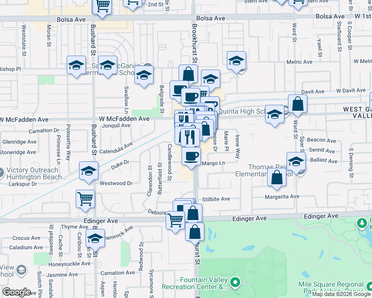 map of restaurants, bars, coffee shops, grocery stores, and more near 15639 Brookhurst Street in Westminster