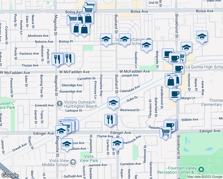 map of restaurants, bars, coffee shops, grocery stores, and more near 9461 Lotus Drive in Westminster