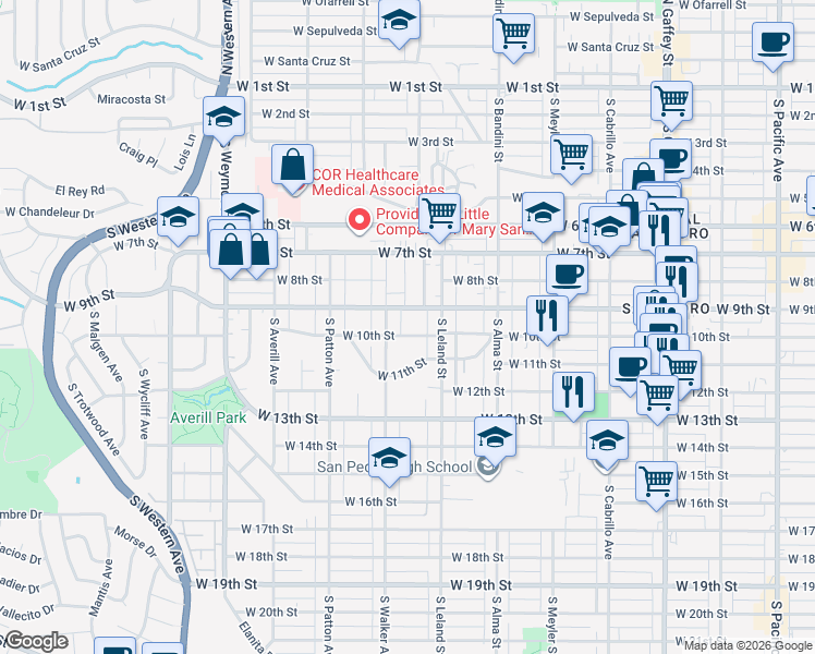 map of restaurants, bars, coffee shops, grocery stores, and more near 1160 West 10th Street in Los Angeles