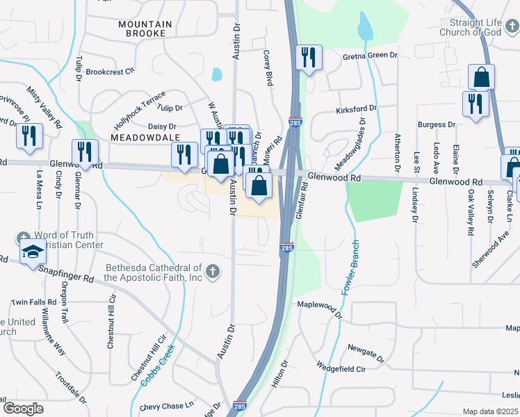 map of restaurants, bars, coffee shops, grocery stores, and more near 4525 Glenwood Road in Decatur