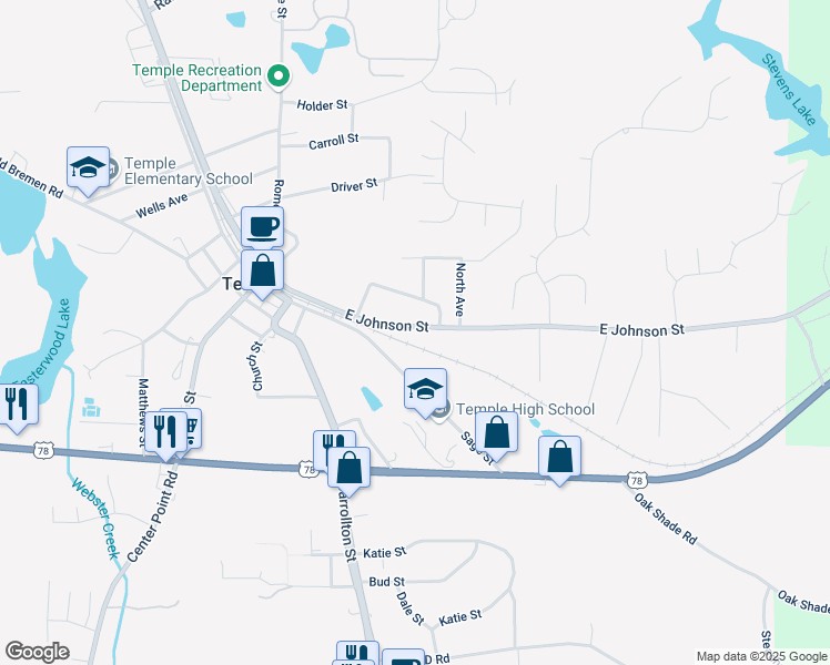 map of restaurants, bars, coffee shops, grocery stores, and more near 189 East Johnson Street in Temple