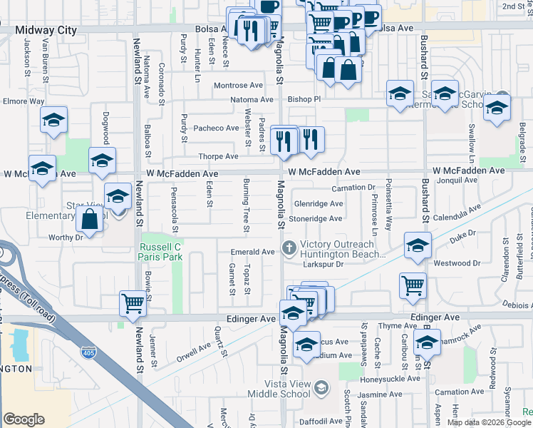 map of restaurants, bars, coffee shops, grocery stores, and more near 8922 Blackheath Circle in Westminster