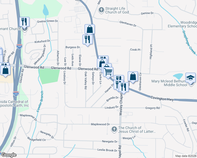 map of restaurants, bars, coffee shops, grocery stores, and more near 1901 Clarke Lane in Decatur