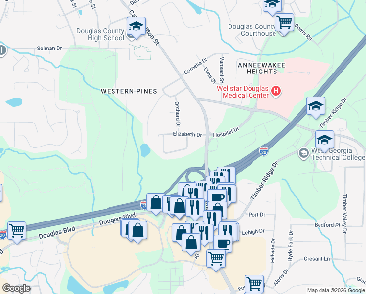 map of restaurants, bars, coffee shops, grocery stores, and more near 6379 Allison Ct in Douglasville