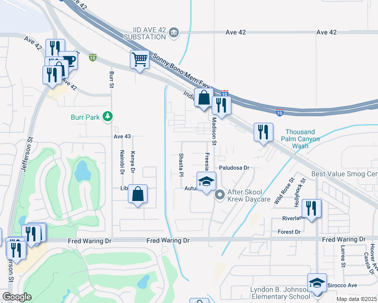 map of restaurants, bars, coffee shops, grocery stores, and more near 80804 Sunspring Court in Indio