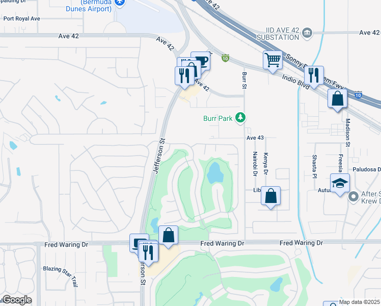map of restaurants, bars, coffee shops, grocery stores, and more near 43301 Heritage Palms Drive North in Indio