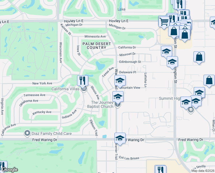 map of restaurants, bars, coffee shops, grocery stores, and more near 43140 Texas Avenue in Palm Desert
