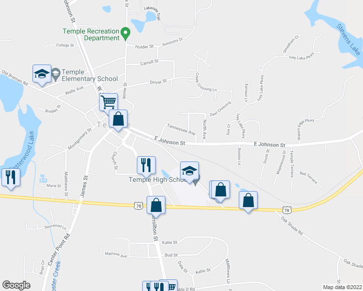 map of restaurants, bars, coffee shops, grocery stores, and more near 171 East Johnson Street in Temple