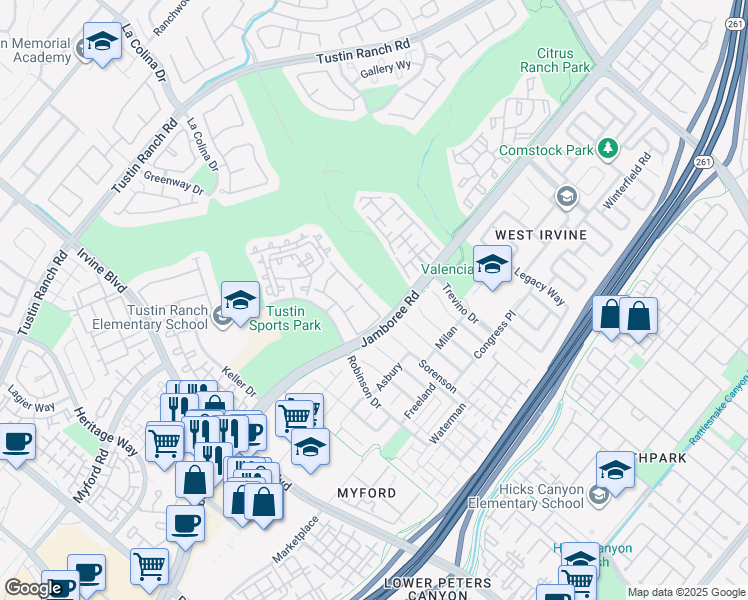 map of restaurants, bars, coffee shops, grocery stores, and more near 2948 Player Lane in Tustin