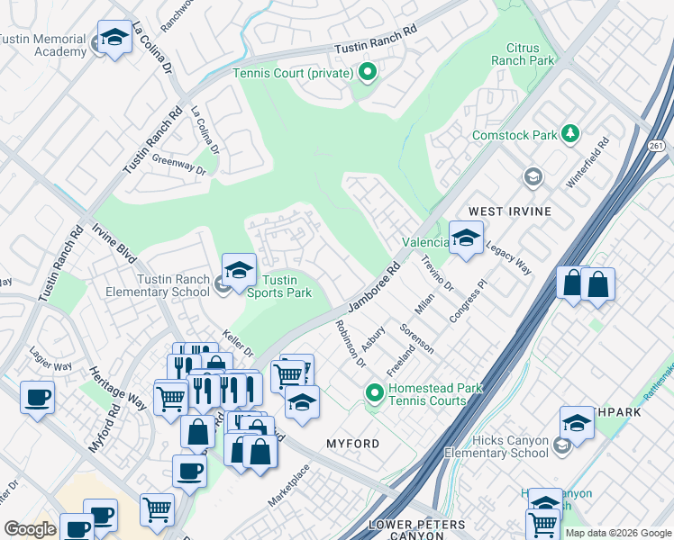map of restaurants, bars, coffee shops, grocery stores, and more near 2948 Player Lane in Tustin