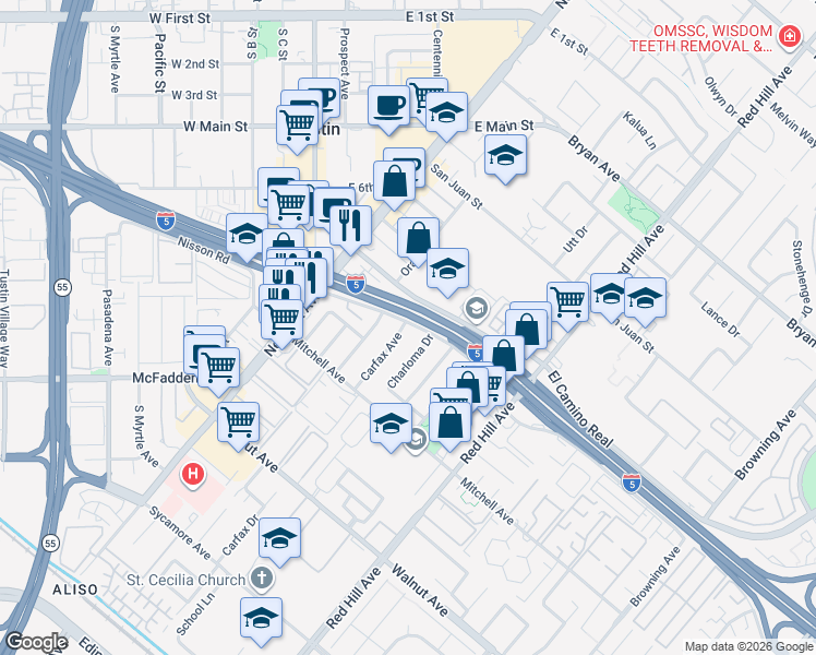 map of restaurants, bars, coffee shops, grocery stores, and more near 14102 Carfax Avenue in Tustin