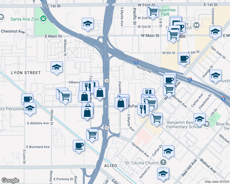 map of restaurants, bars, coffee shops, grocery stores, and more near 17045 Medallion Avenue in Tustin