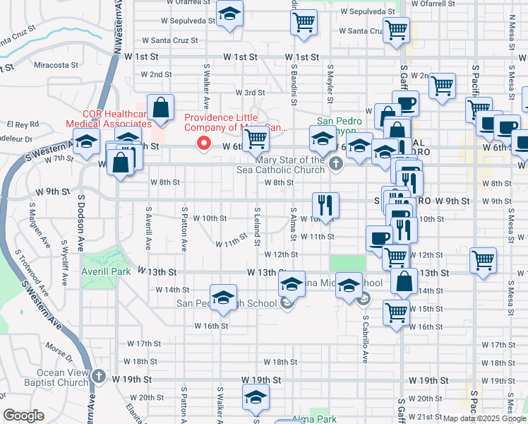 map of restaurants, bars, coffee shops, grocery stores, and more near 1073 West 10th Street in Los Angeles