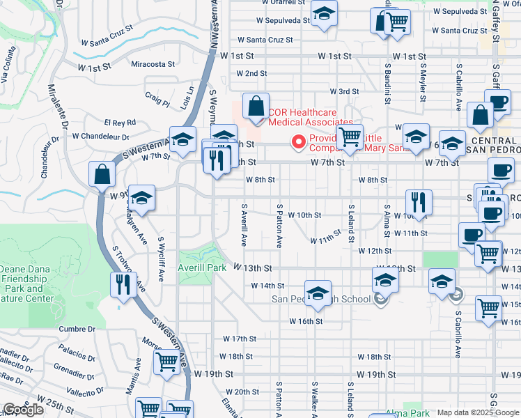 map of restaurants, bars, coffee shops, grocery stores, and more near 1335 West 10th Street in Los Angeles