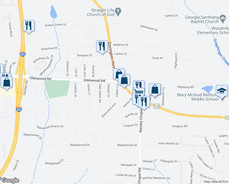 map of restaurants, bars, coffee shops, grocery stores, and more near 1883 Clarke Lane in Decatur