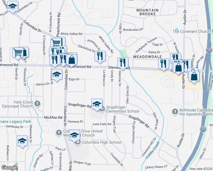 map of restaurants, bars, coffee shops, grocery stores, and more near 1908 La Mesa Lane in Decatur