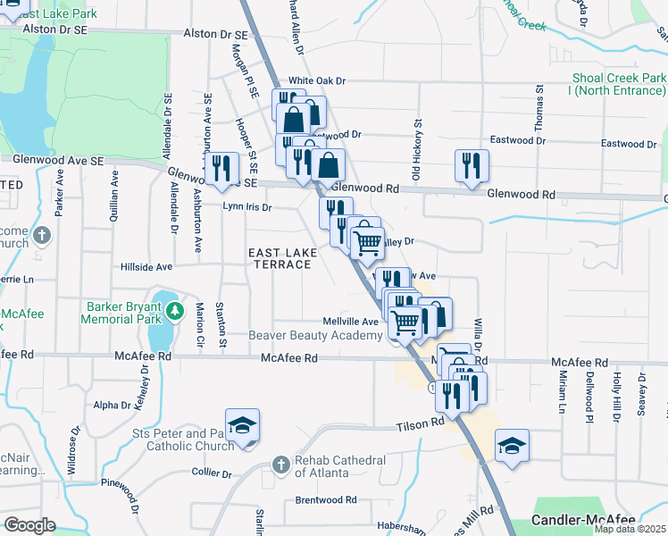 map of restaurants, bars, coffee shops, grocery stores, and more near 1916 Cannon Street in Decatur
