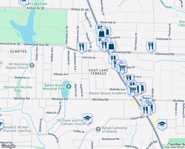 map of restaurants, bars, coffee shops, grocery stores, and more near 2425 Hillside Avenue in Decatur