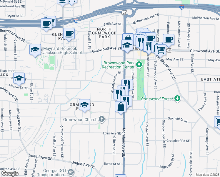 map of restaurants, bars, coffee shops, grocery stores, and more near 696 Woodland Avenue Southeast in Atlanta