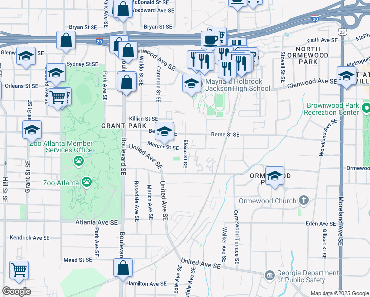 map of restaurants, bars, coffee shops, grocery stores, and more near 710 Eloise Street Southeast in Atlanta