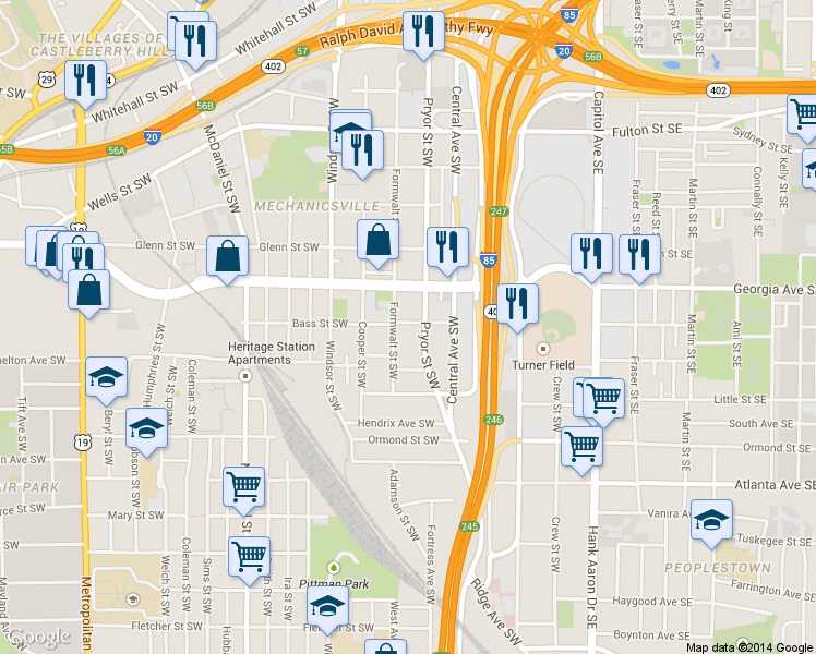 map of restaurants, bars, coffee shops, grocery stores, and more near 224 Bass Street Southwest in Atlanta