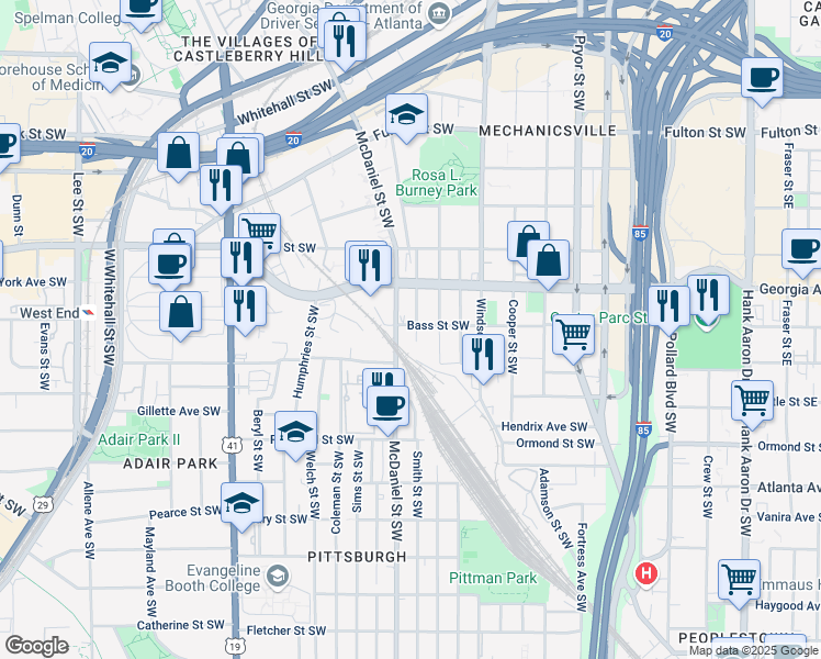 map of restaurants, bars, coffee shops, grocery stores, and more near 400 Bass Street Southwest in Atlanta