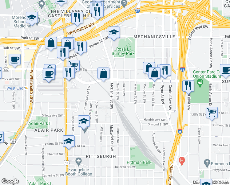 map of restaurants, bars, coffee shops, grocery stores, and more near 720 Smith Street Southwest in Atlanta