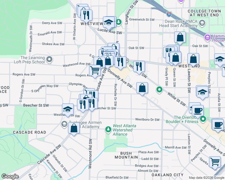 map of restaurants, bars, coffee shops, grocery stores, and more near 750 Cascade Place Southwest in Atlanta
