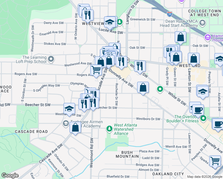 map of restaurants, bars, coffee shops, grocery stores, and more near 1435 Allegheny Street Southwest in Atlanta