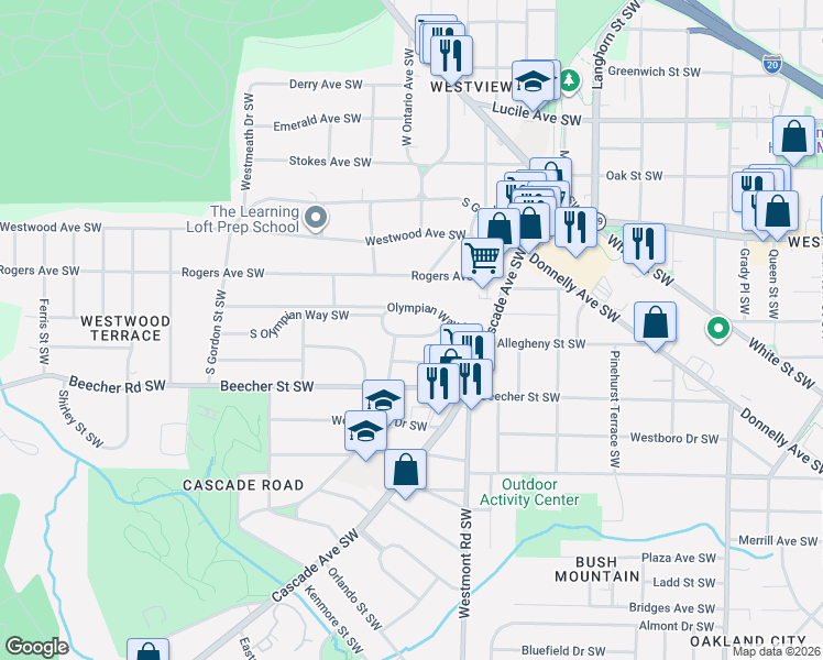 map of restaurants, bars, coffee shops, grocery stores, and more near 1582 Olympian Circle Southwest in Atlanta