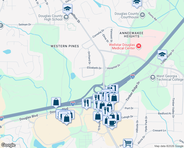 map of restaurants, bars, coffee shops, grocery stores, and more near 6379 Allison Court in Douglasville