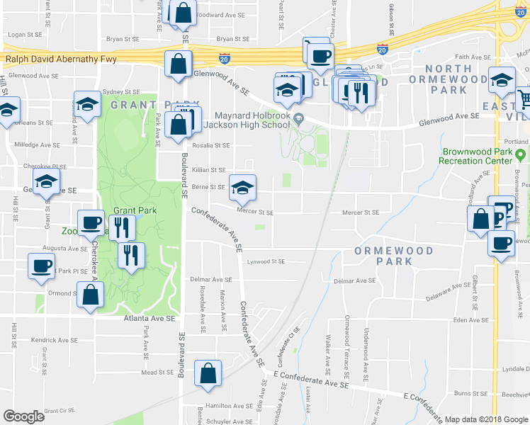 map of restaurants, bars, coffee shops, grocery stores, and more near 738 Mercer Street Southeast in Atlanta