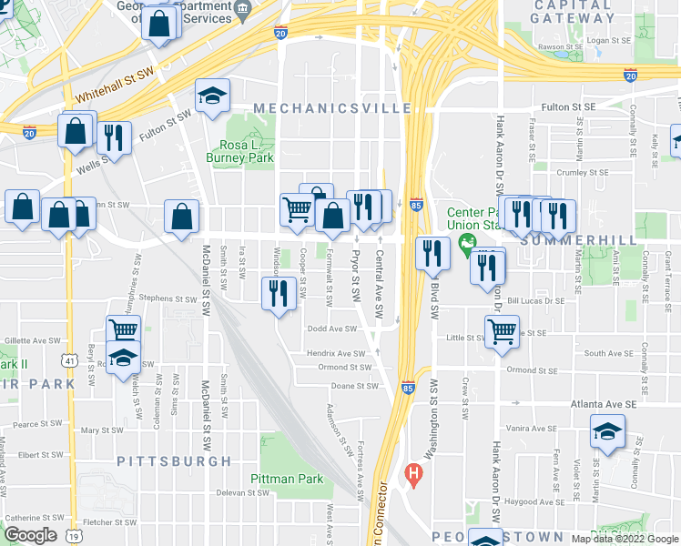 map of restaurants, bars, coffee shops, grocery stores, and more near 224 Bass Street Southwest in Atlanta