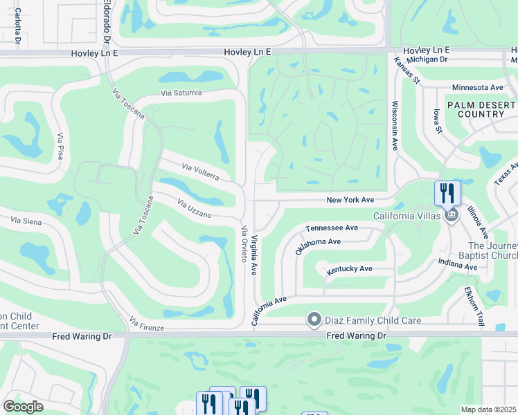 map of restaurants, bars, coffee shops, grocery stores, and more near 43210 Virginia Avenue in Palm Desert
