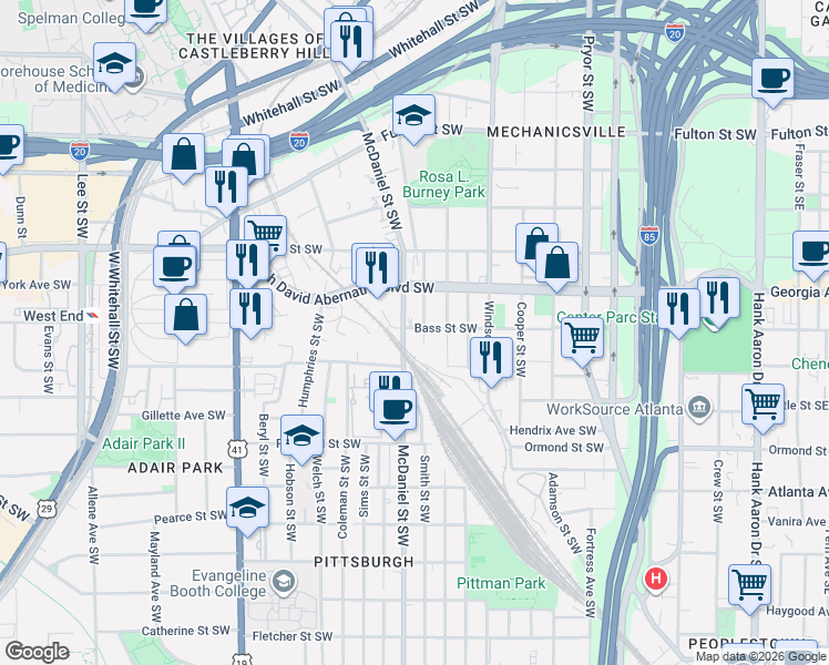 map of restaurants, bars, coffee shops, grocery stores, and more near 720 Smith Street Southwest in Atlanta